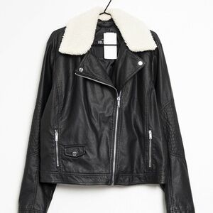 Hollister Black Leather Jacket with Removable Collar